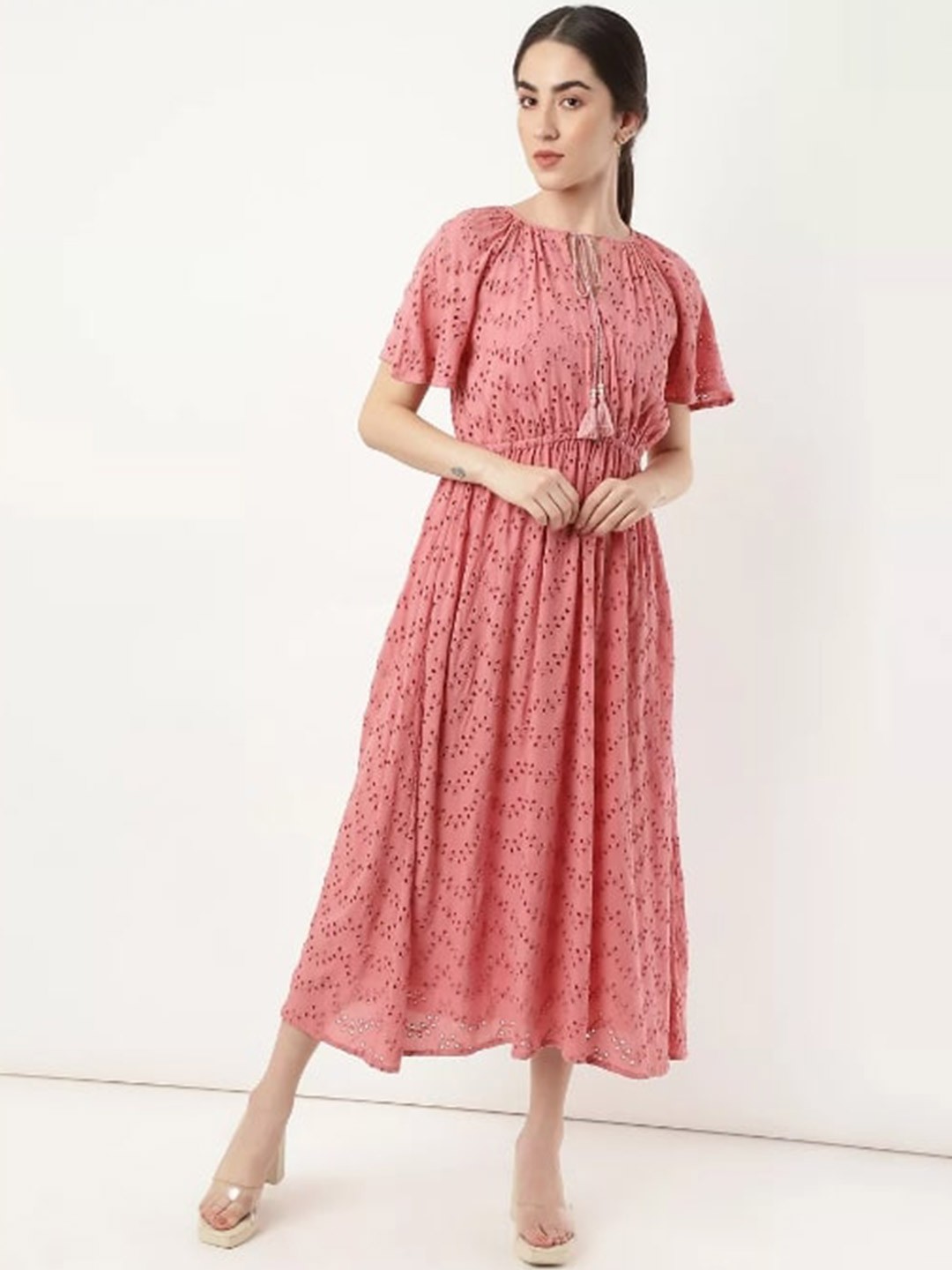 

Marks & Spencer Pink Tie Up Neck Schiffli Maxi Dress