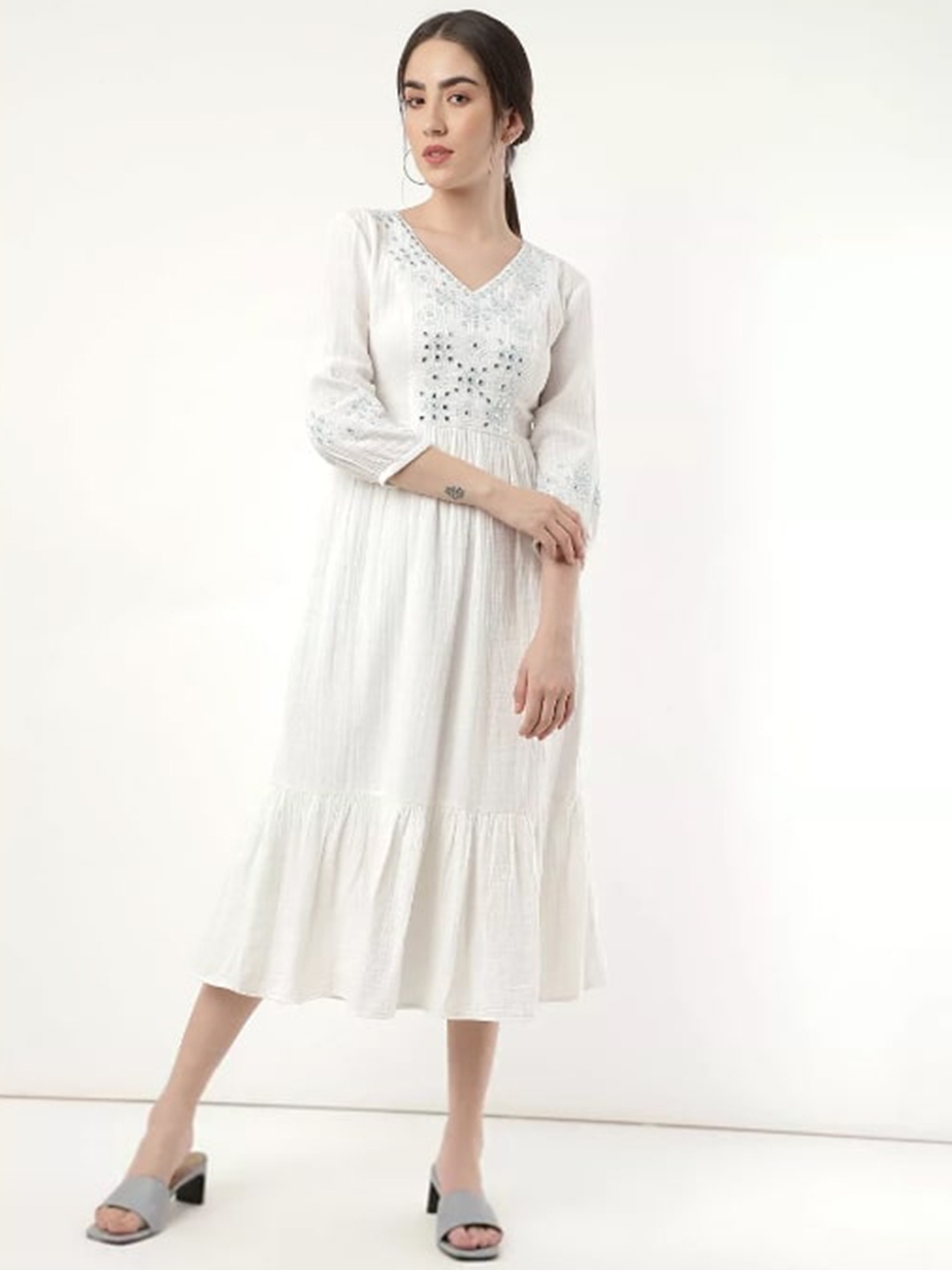 

Marks & Spencer White 100% Cotton Embroidered Tiered Empire Dress