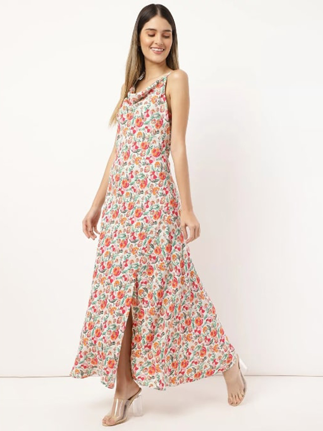 

Marks & Spencer Pink & Green Floral Cowl Neck A-Line Maxi Dress