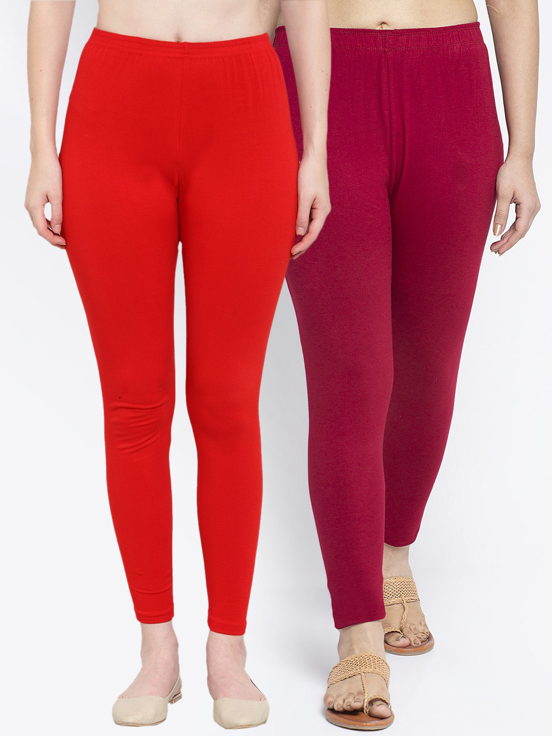 

GRACIT Women Pack Of 2 Red & Brown Solid Ankle Length Leggings