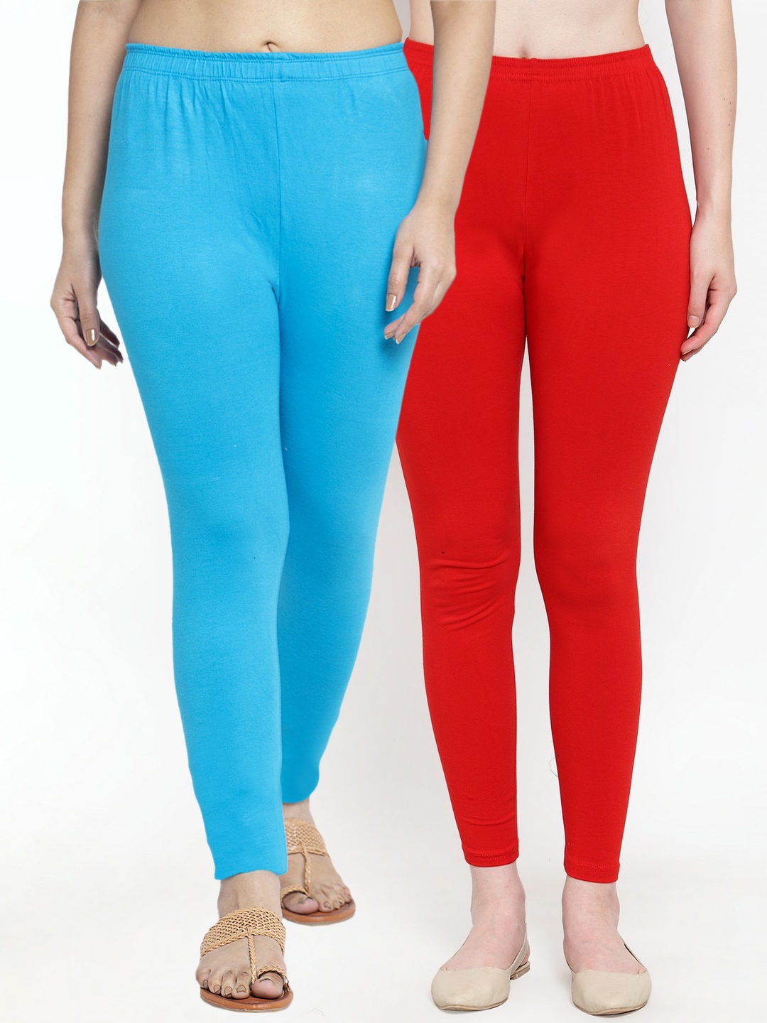 

GRACIT Women Pack Of 2 Blue & Red Solid Pure Cotton Ankle Length Leggings