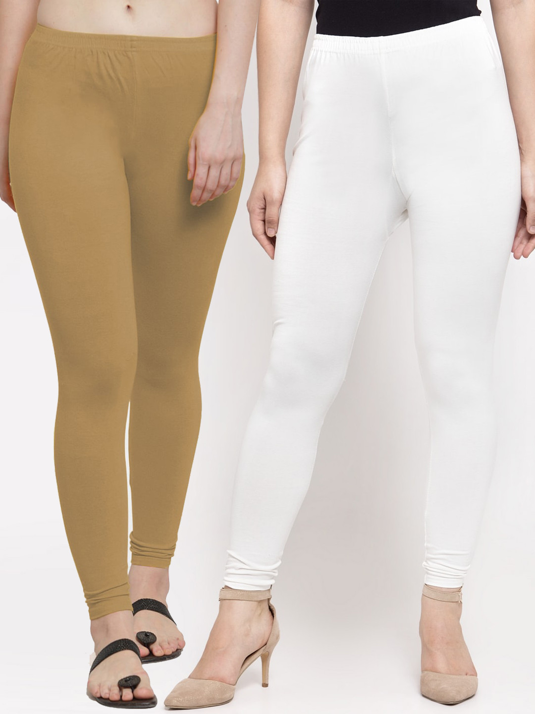 

GRACIT Women Pack Of 2 White & Khaki Coloured Solid Cotton Leggings