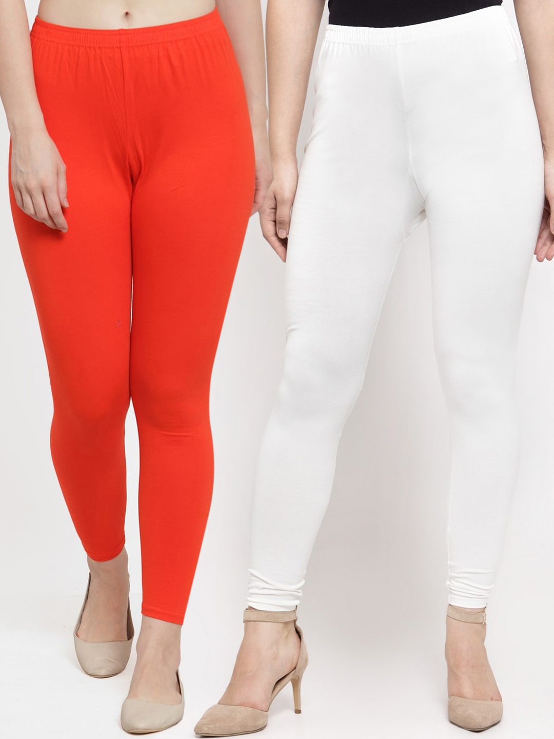 

GRACIT Women Pack Of 2 White & Orange Colored Solid Ankle Length Leggings