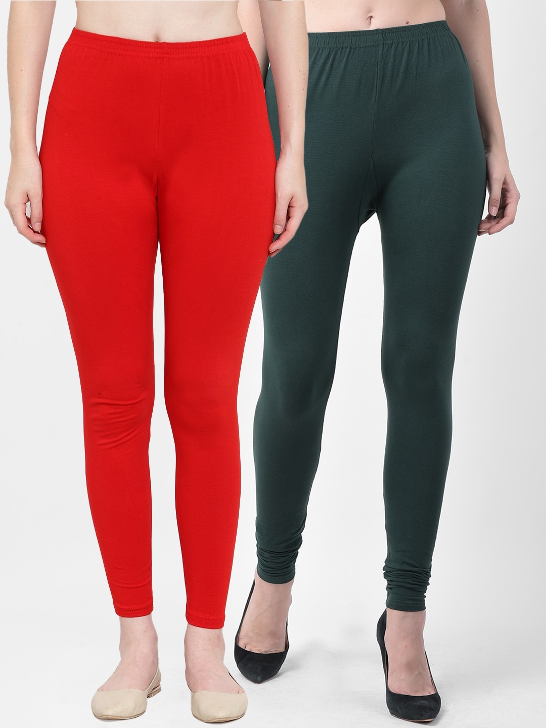 

GRACIT Women Pack Of 2 Solid Red & Green Ankle-Length Leggings