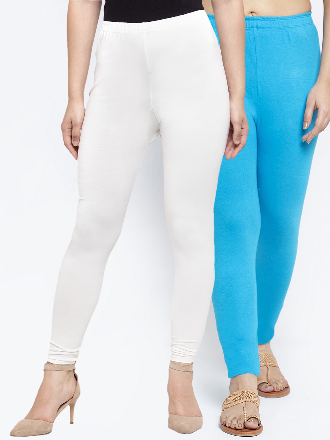 

GRACIT Women Pack Of 2 White & Blue Solid Ankle Length Leggings