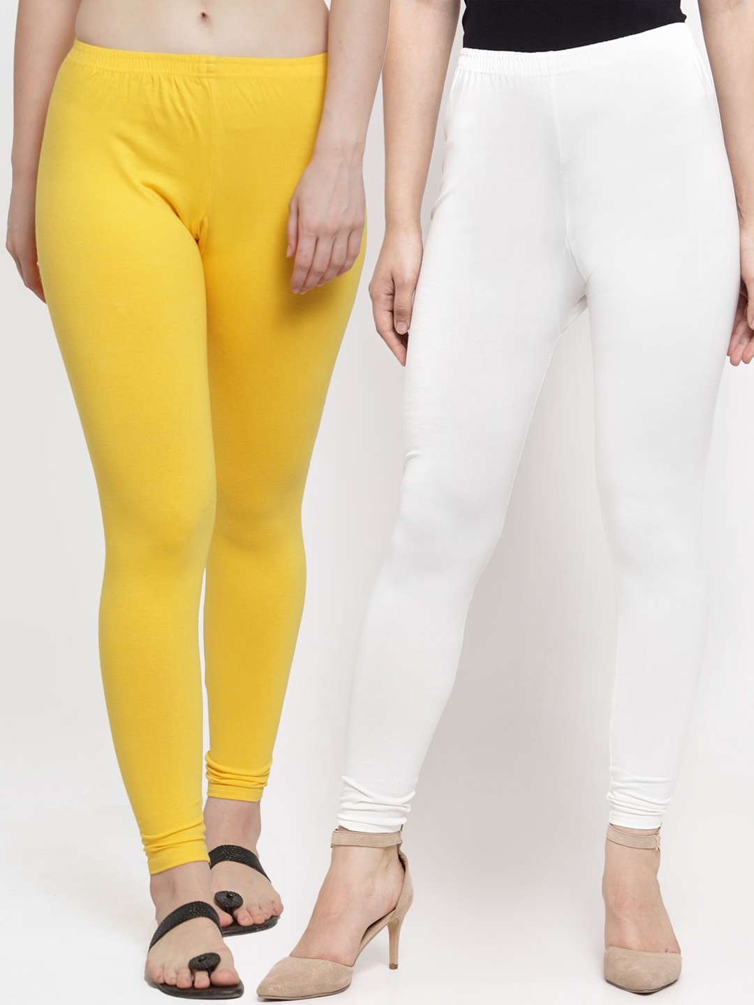 

GRACIT Women Yellow & White Pack Of 2 Solid Ankle-Length Leggings