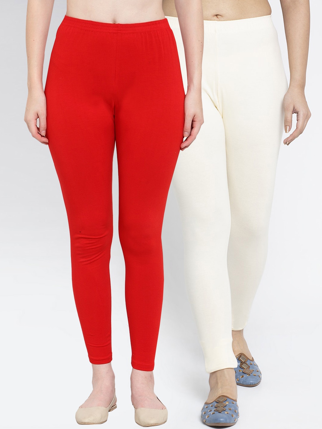 

GRACIT Women Pack of 2 Solid Red & Cream Ankle Length Leggings