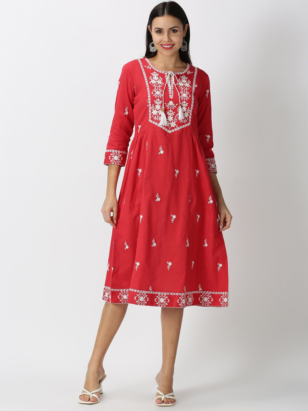 

Saffron Threads Women Red Floral Embroidered Tie-Up Neck Ethnic A-Line Midi Dress
