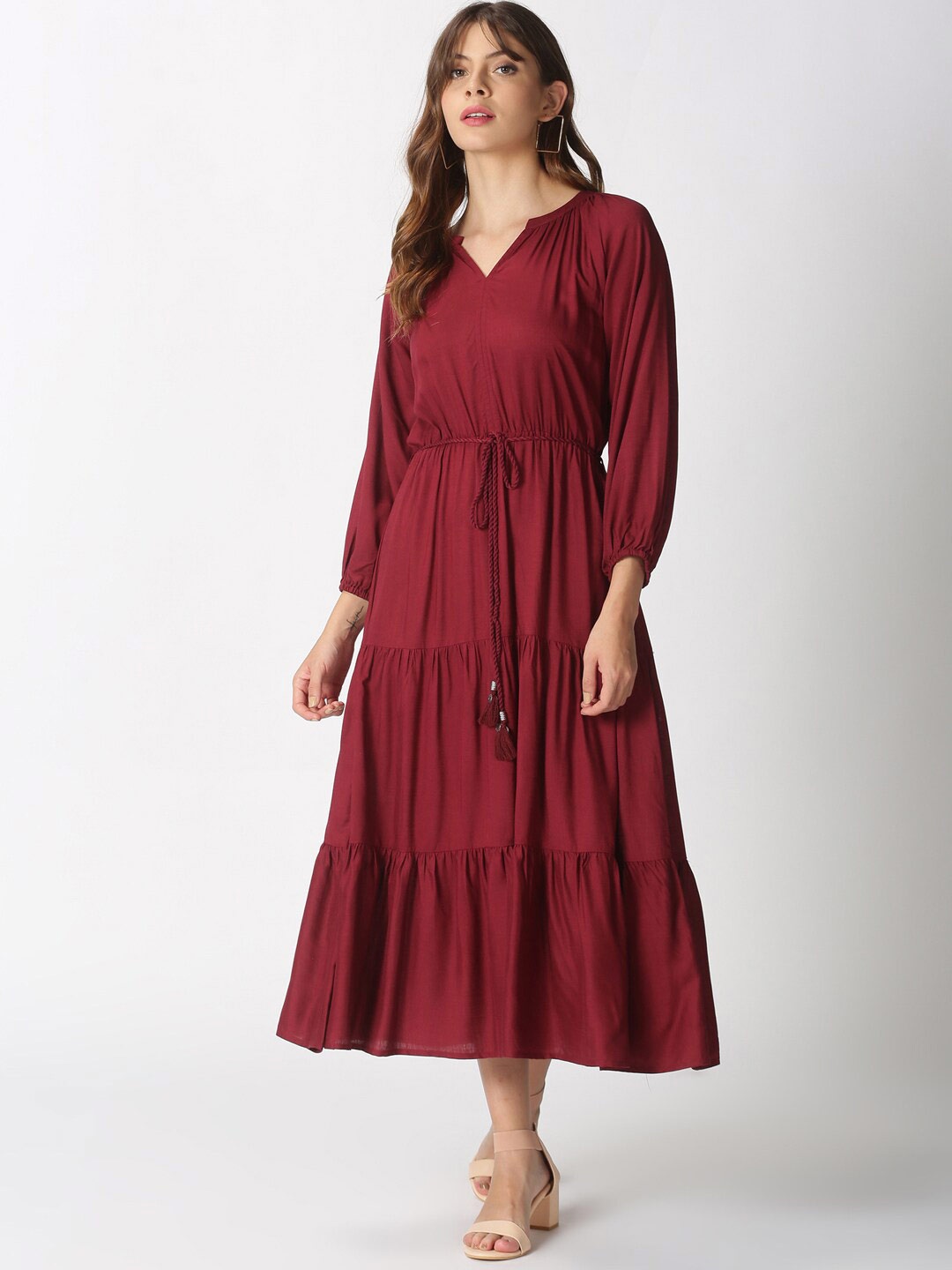 

Saffron Threads Burgundy A-line Tiered Midi Dress with Hand-Braided Belt