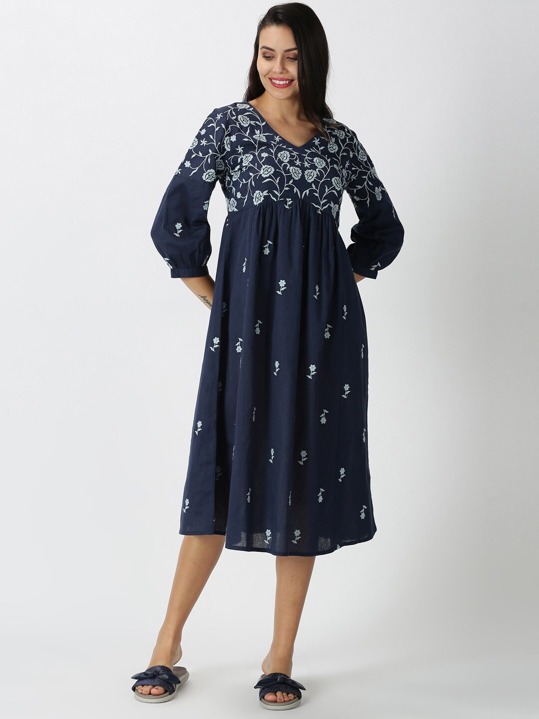 

Saffron Threads Navy Blue Boho Embroidered Ethnic Midi Dress