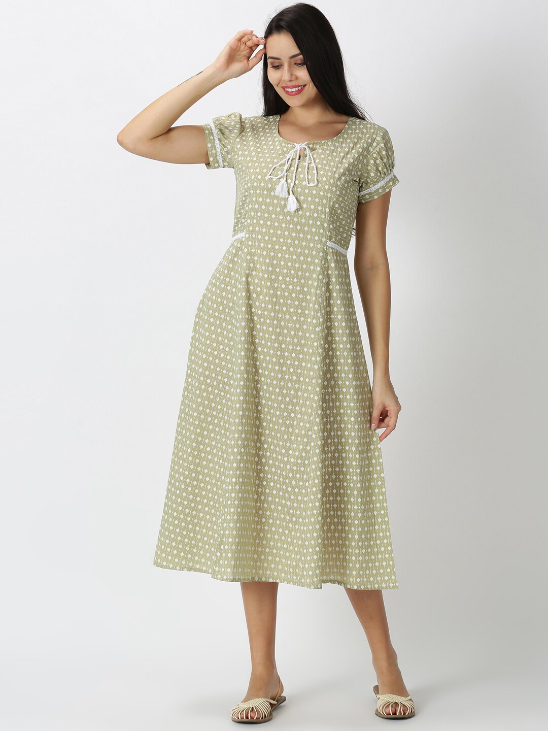 

Saffron Threads Green Ethnic Motifs Print A-Line Dress