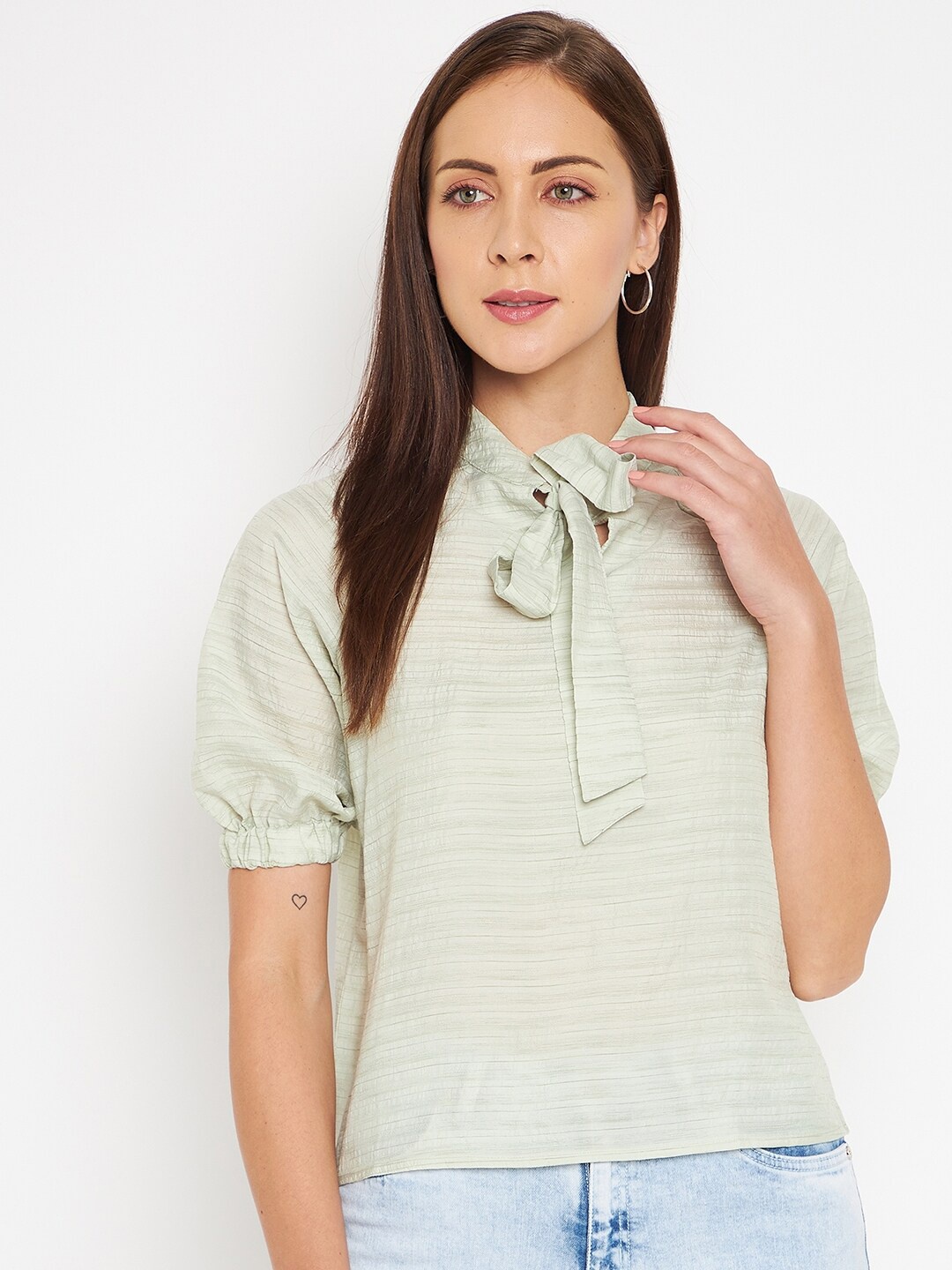 

CAMLA Green Striped Tie-Up Neck Top