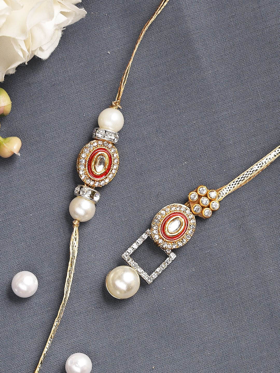

Aapno Rajasthan White Diamond Beaded Bhaiya Bhabhi Rakhi Combo With Box