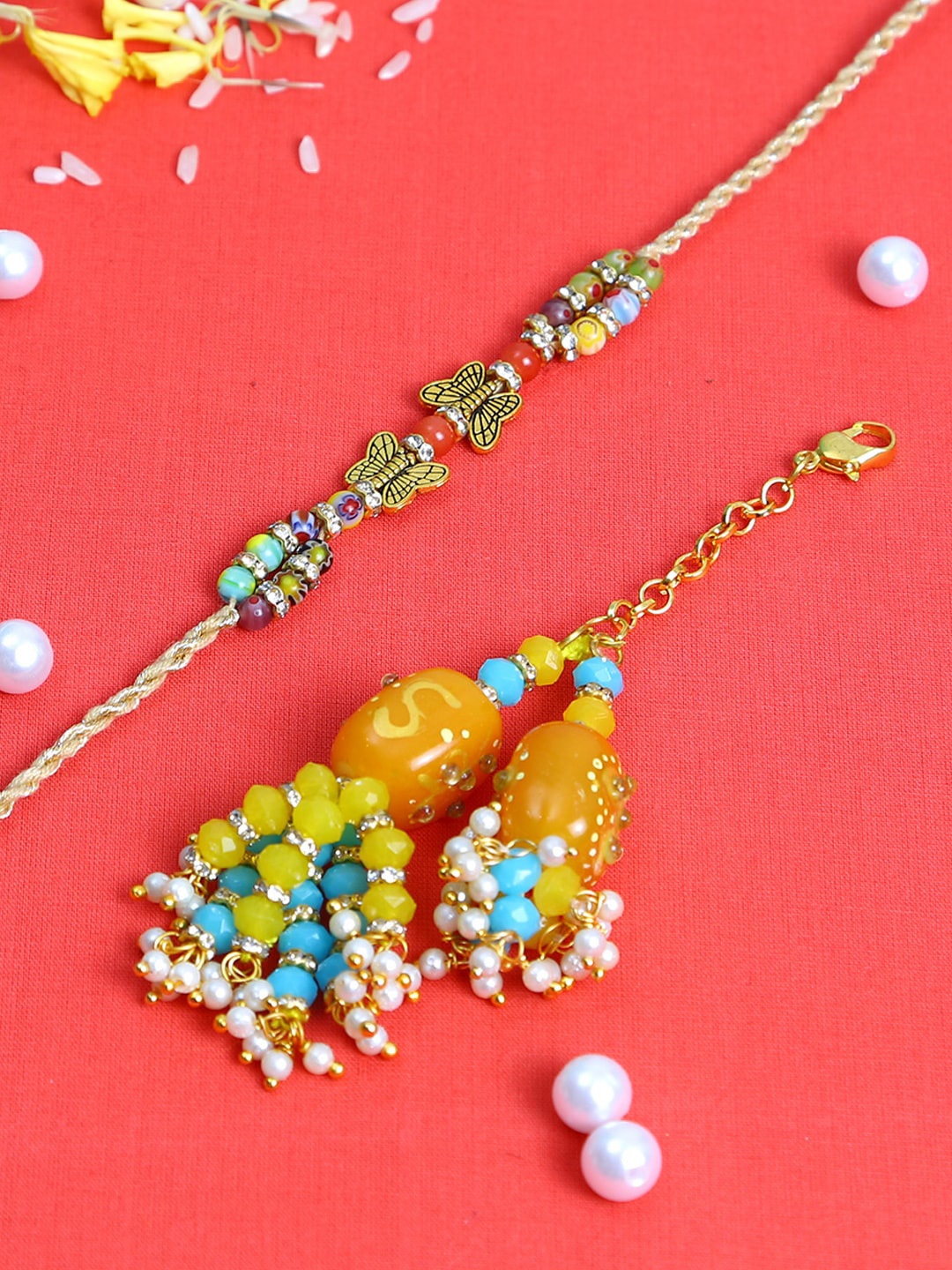 

Aapno Rajasthan Yellow Embellished Bhaiya Bhabhi Rakhi Set With Natural Stones & Box
