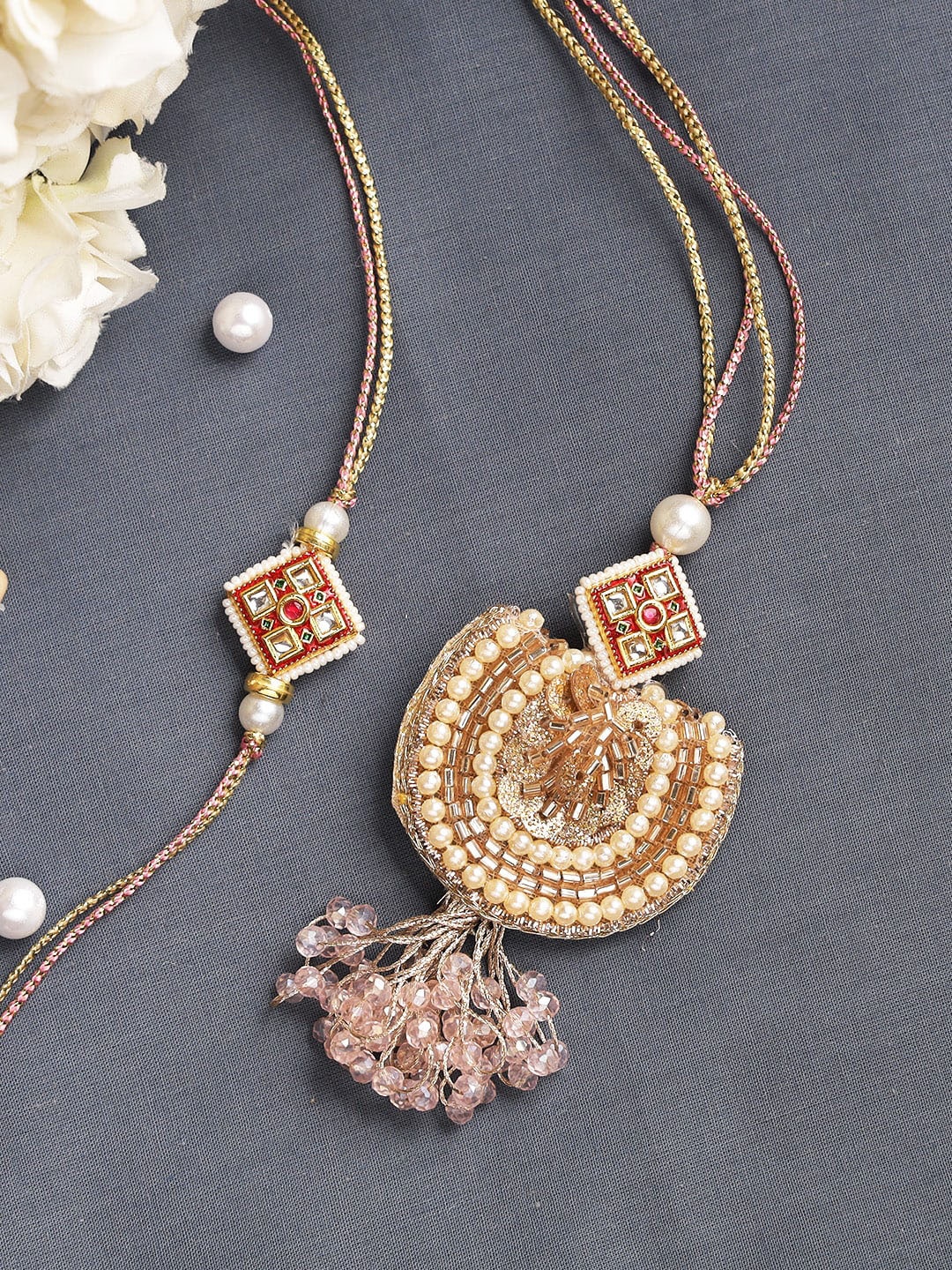 

Aapno Rajasthan Unisex Set Of 2 Gold Toned Embroidered Bhaiya Bhabi Rakhi