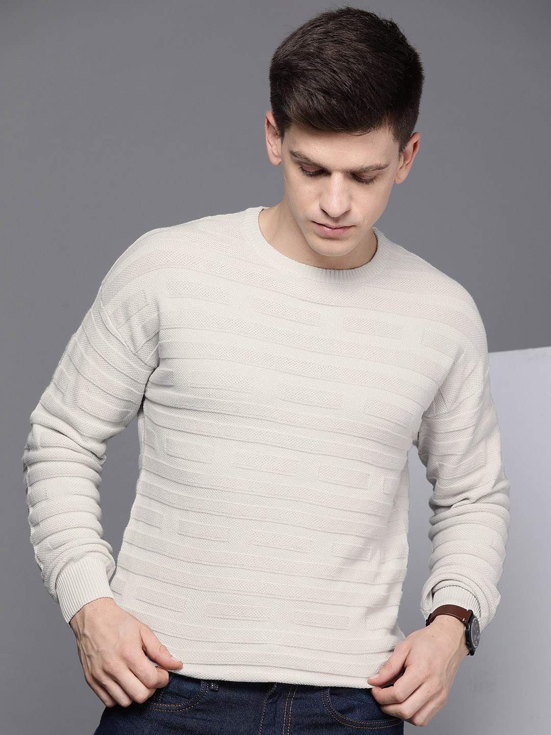 

Kenneth Cole Men Off White Self Design Open-Knit Pure Cotton Pullover Sweater