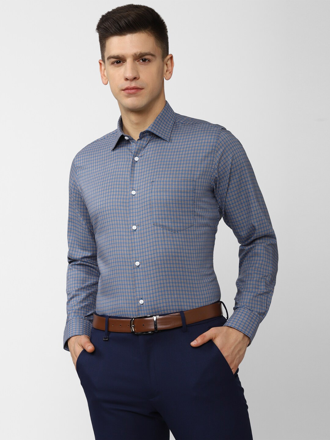 

Van Heusen Men Blue Micro Checks Checked Cotton Formal Shirt