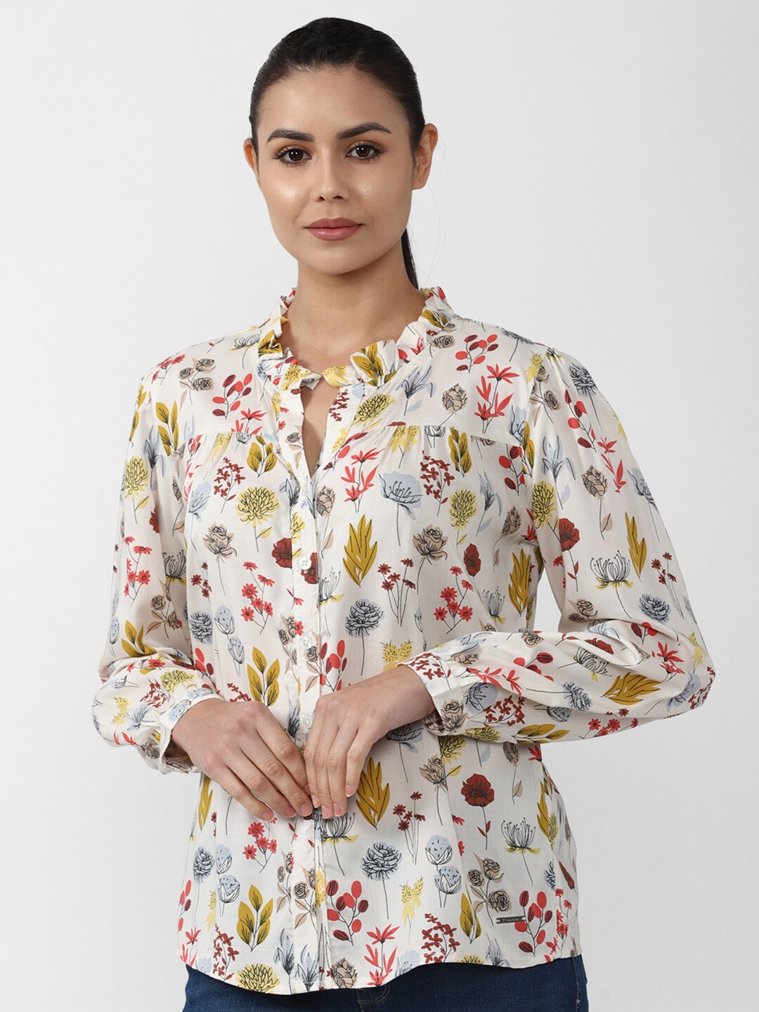 

Van Heusen Woman Cream & Red Floral Printed Ruffles Shirt Style Top