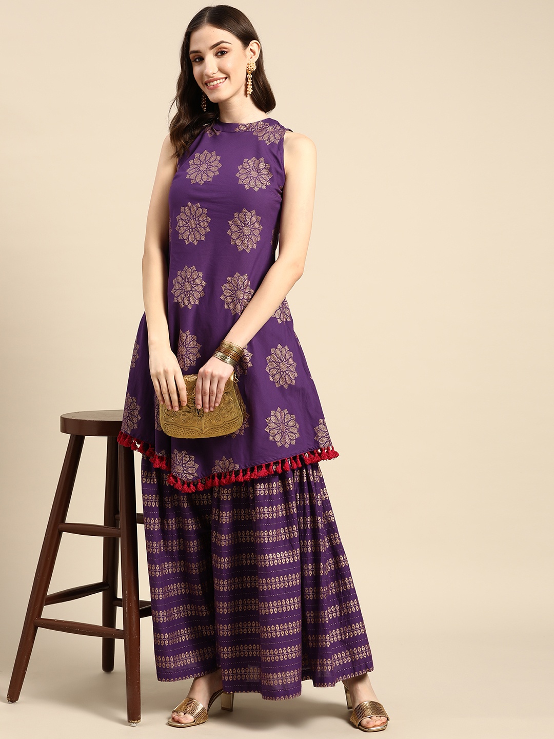 

Sangria Women Purple & Golden Ethnic Motifs Printed Pure Cotton Kurta with Sharara