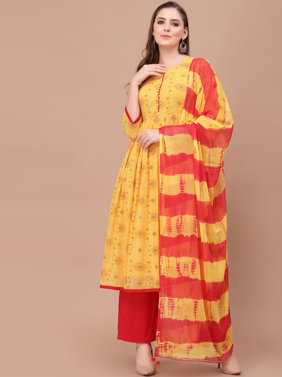 

PRAKRTEE Women Yellow Ethnic Motifs Printed Pure Cotton Kurta with Palazzos