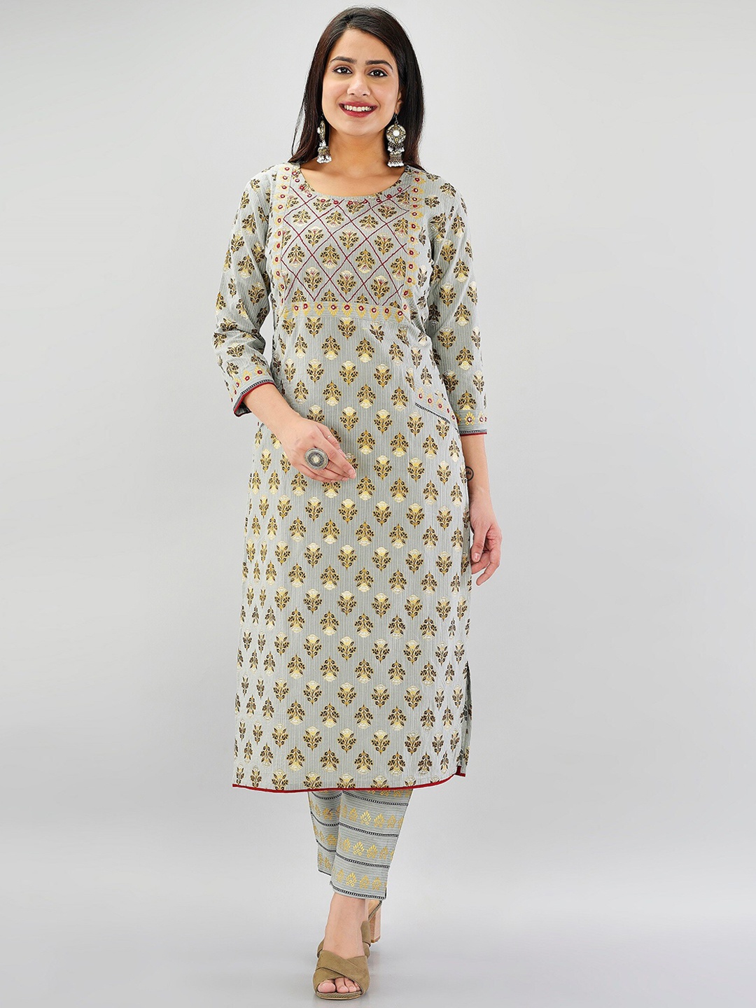 

PRAKRTEE Women Grey Printed Pure Cotton Kurta with Trousers