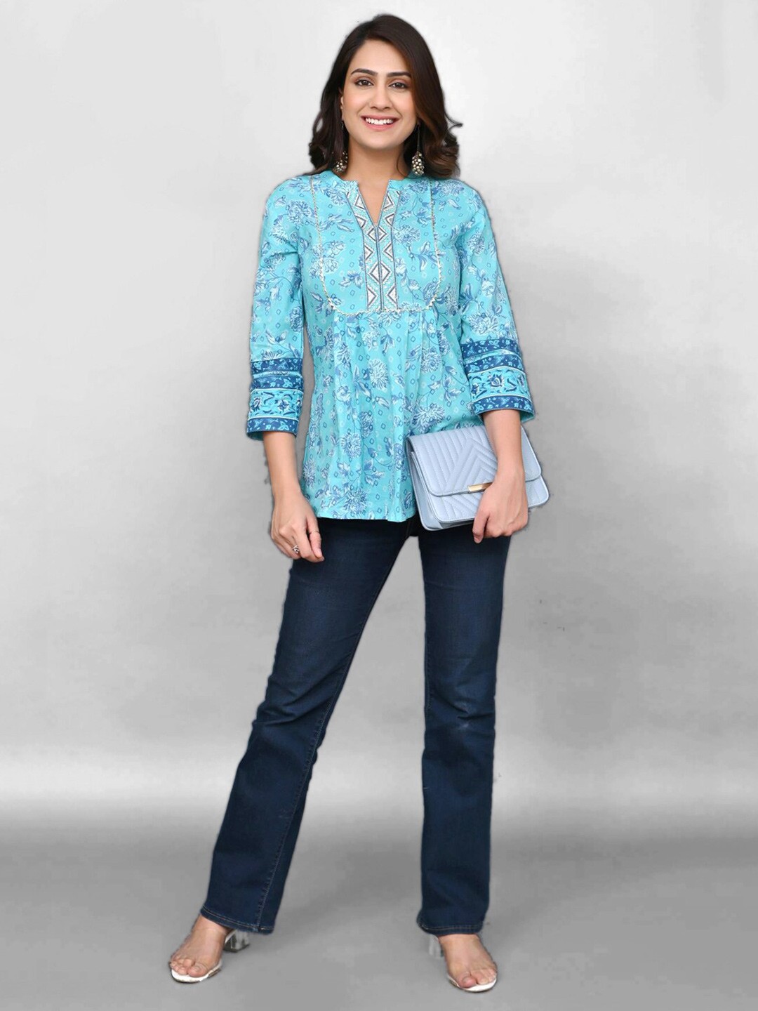 

PRAKRTEE Blue Floral Print Mandarin Collar Top