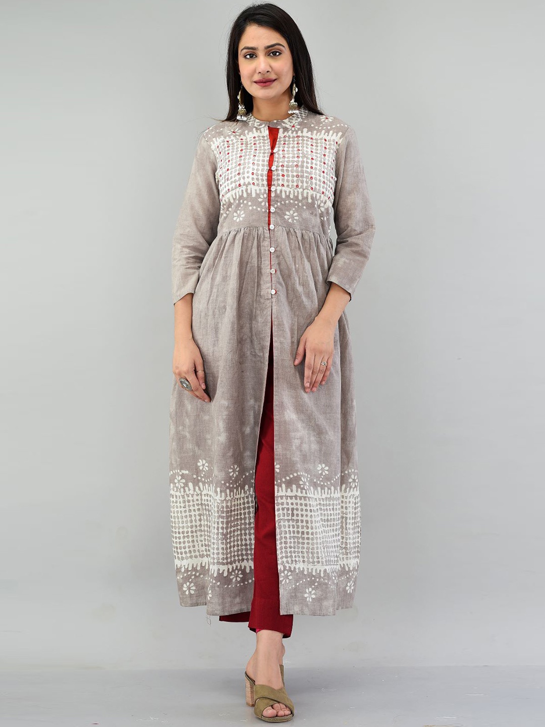 

PRAKRTEE Women Grey Melange Geometric Printed Anarkali Kurta