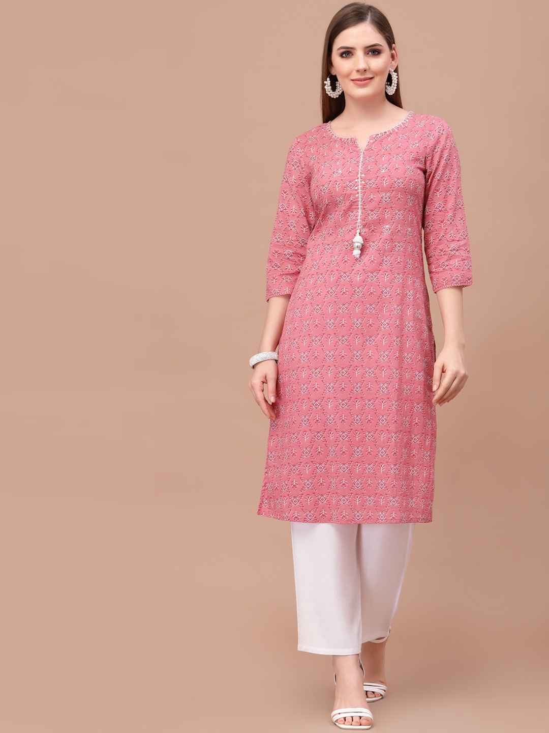 PRAKRTEE Women Pink Floral Embellished Floral Kurta