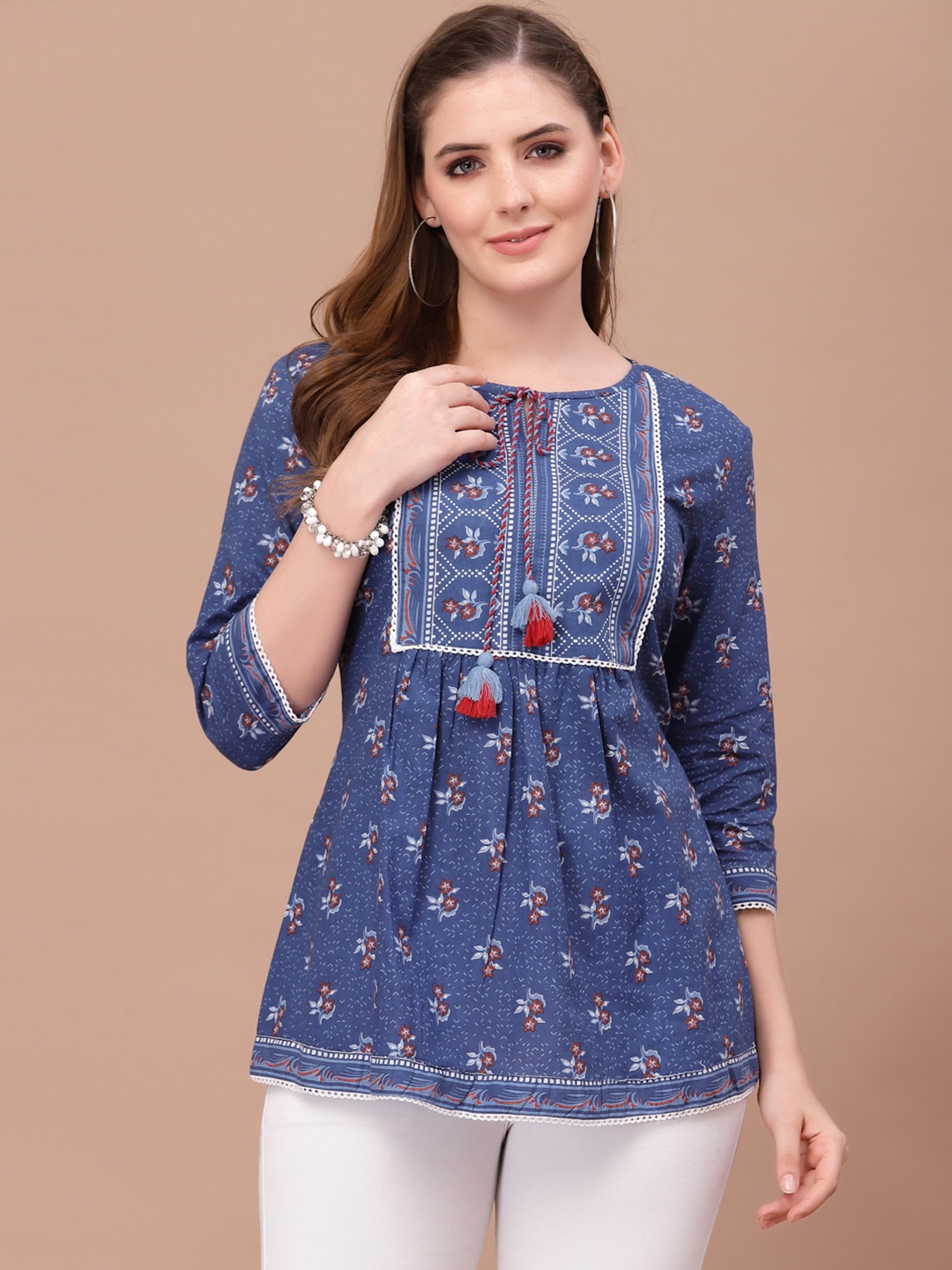 

PRAKRTEE Blue Floral Print Tie-Up Neck Pure Cotton Top