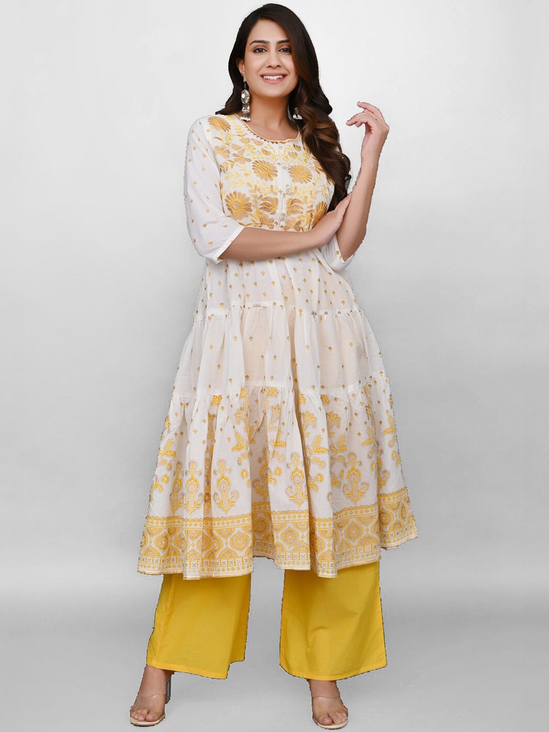 

PRAKRTEE Women White Floral Embroidered Tiered Pure Cotton Kurta with Palazzos