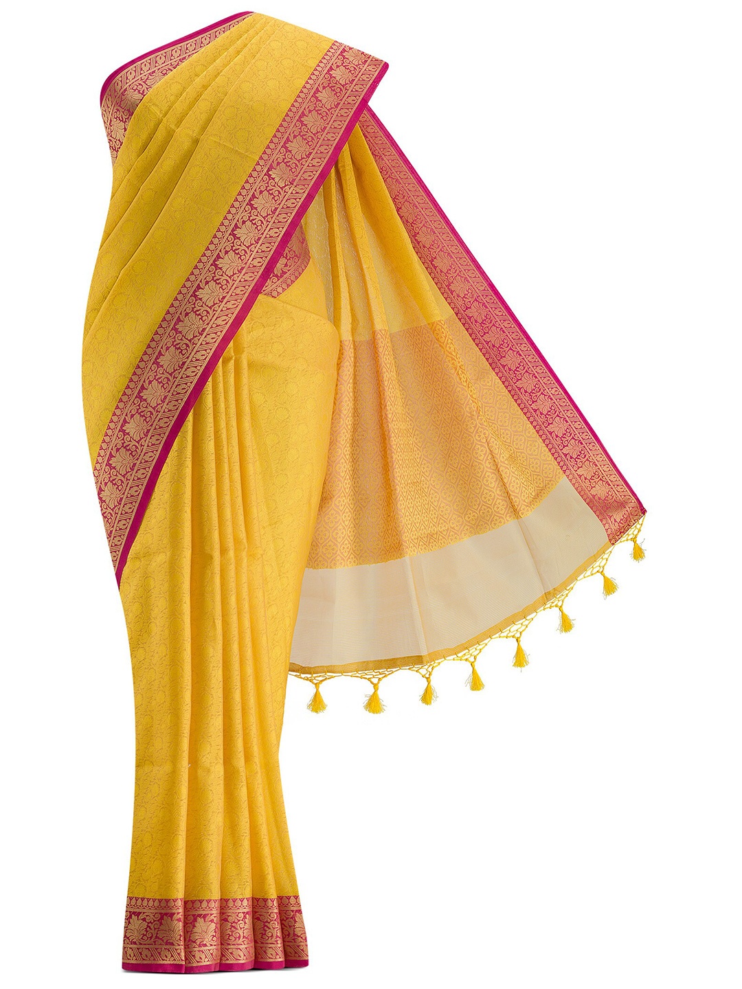 

Nalli Next Yellow & Pink Woven Design Zari Silk Cotton Saree