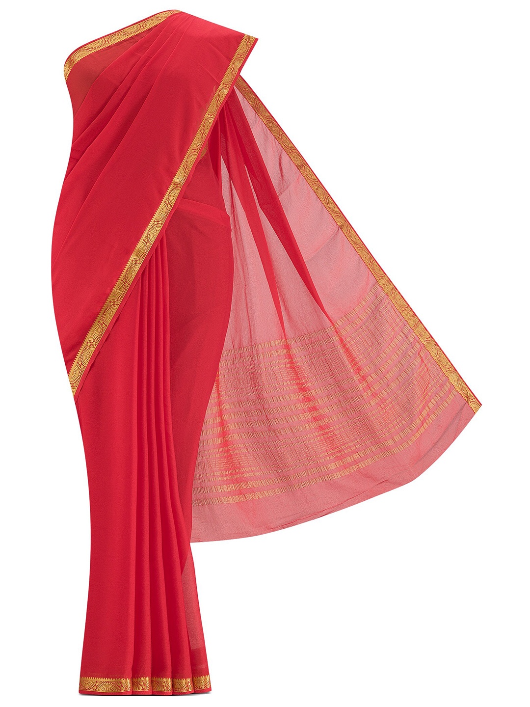 

Nalli Next Red & Gold-Toned Woven Design Zari Pure Chiffon Saree