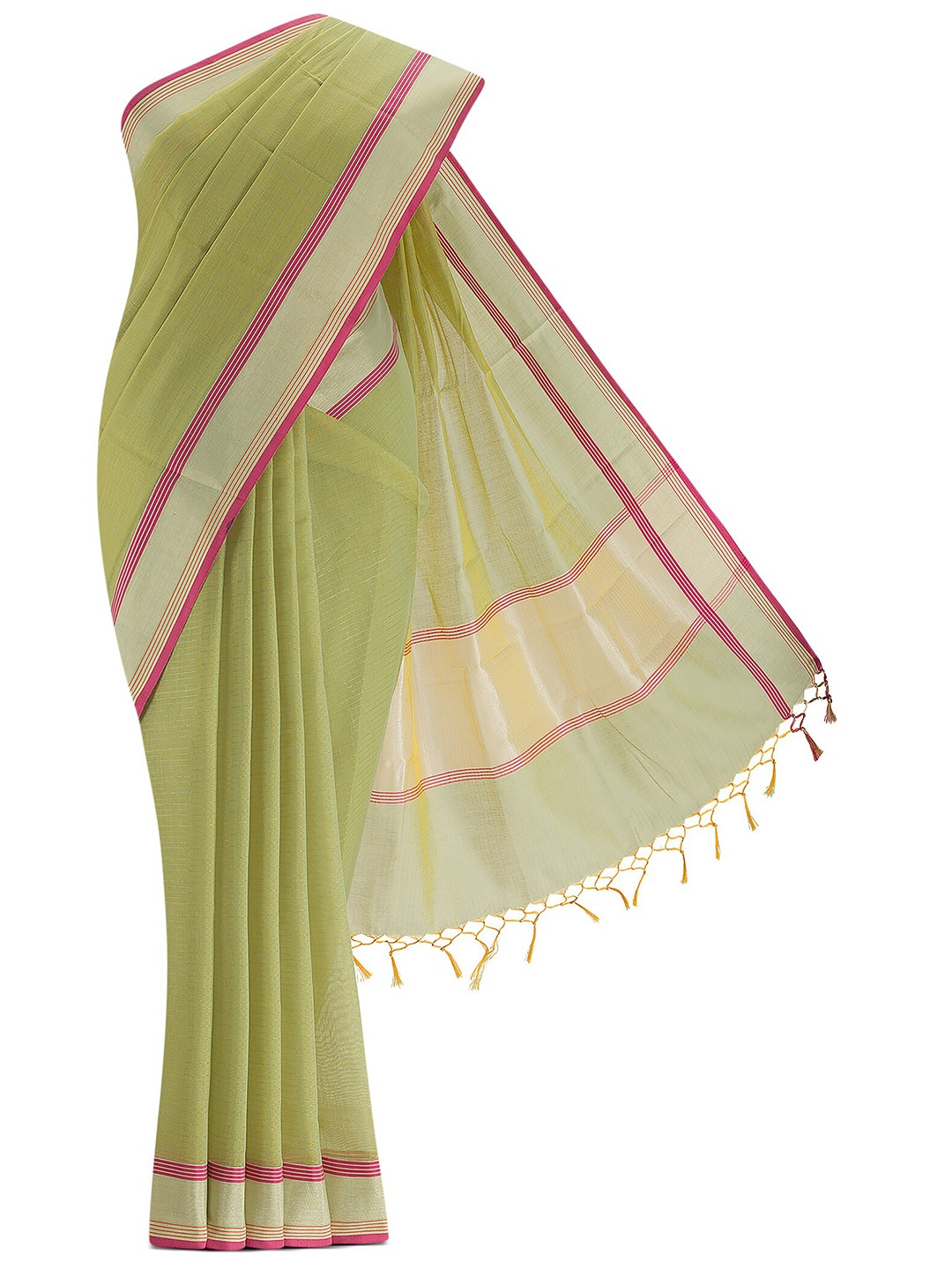 

Nalli Next Green & Pink Striped Zari Silk Cotton Saree