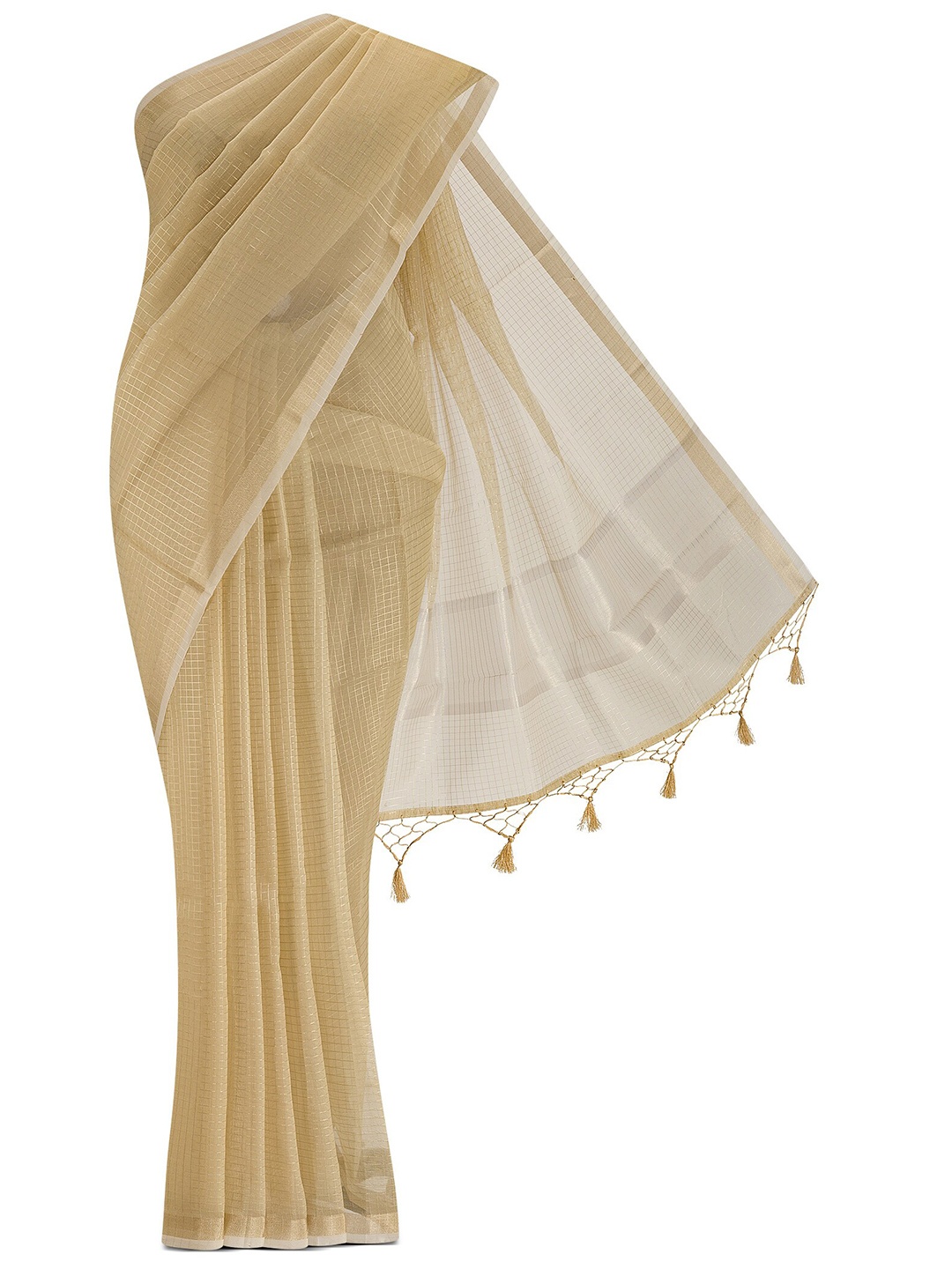 

Nalli Next Beige & Gold-Toned Checked Zari Organza Saree