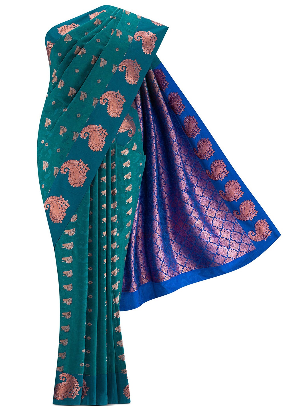 

Nalli Next Teal & Copper-Toned Woven Design Zari Silk Blend Saree