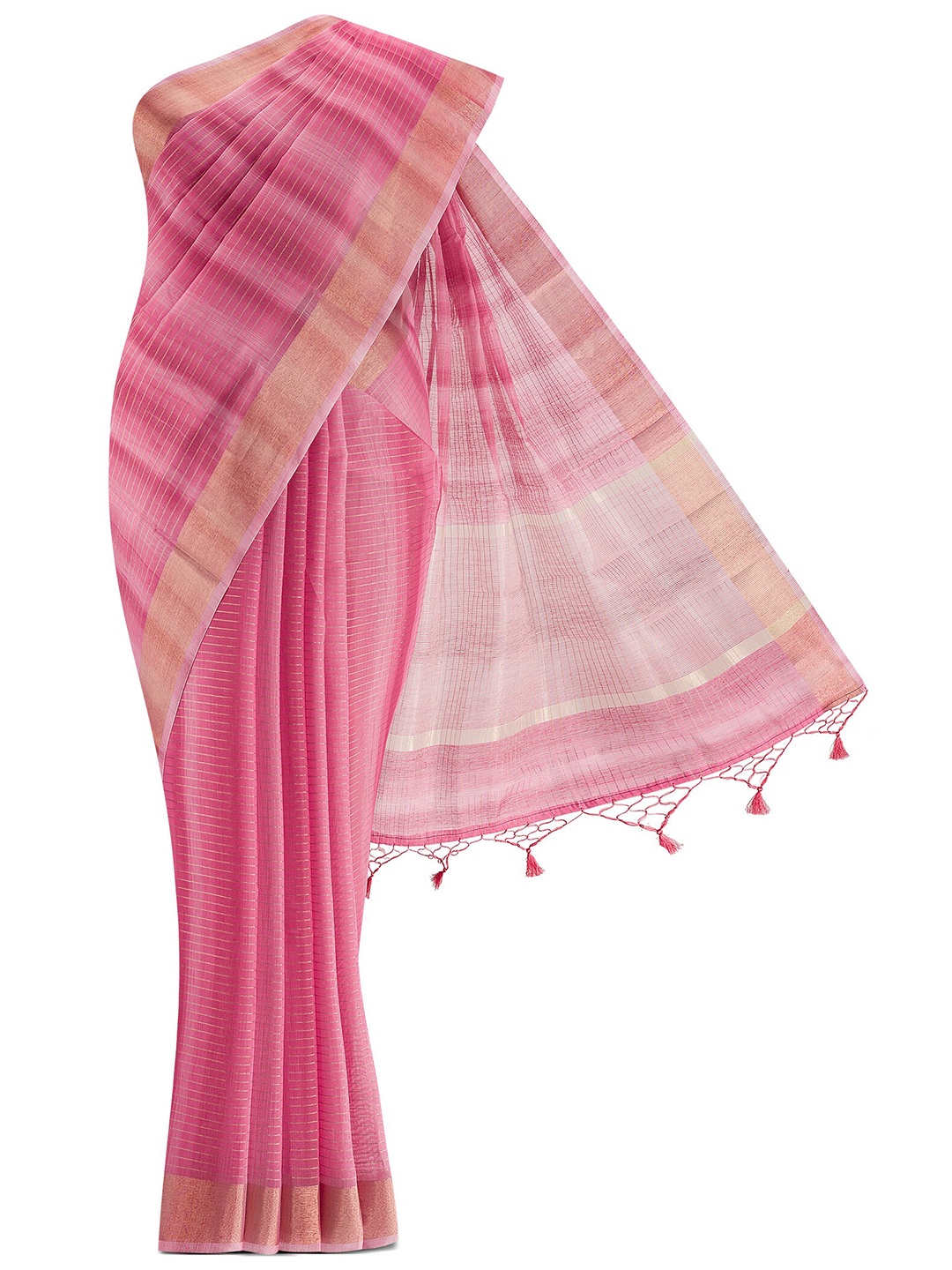 

Nalli Next Pink & Gold-Toned Striped Zari Pure Cotton Saree