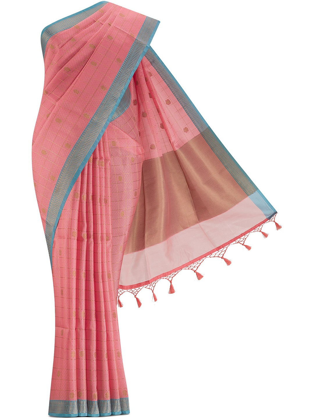 

Nalli Next Peach-Coloured & Blue Checked Zari Silk Cotton Saree