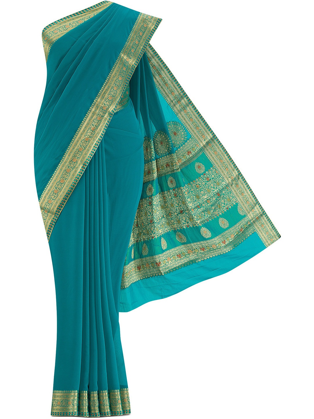 

Nalli Next Women Teal & Gold-Toned Woven Design Zari Pure Chiffon Saree