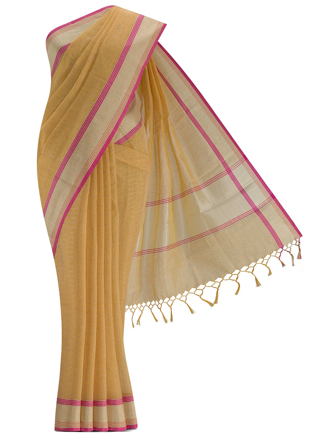 

Nalli Next Women Yellow & Pink Checked Zari Linen Blend Saree