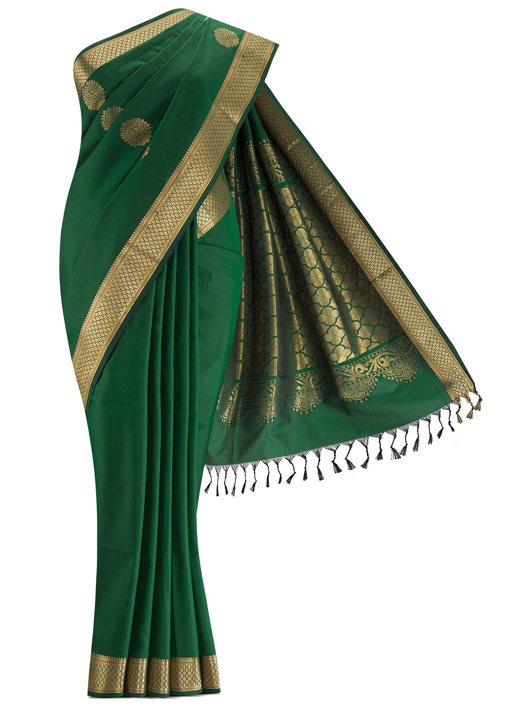 

Nalli Next Green & Gold-Toned Woven Design Zari Silk Blend Saree