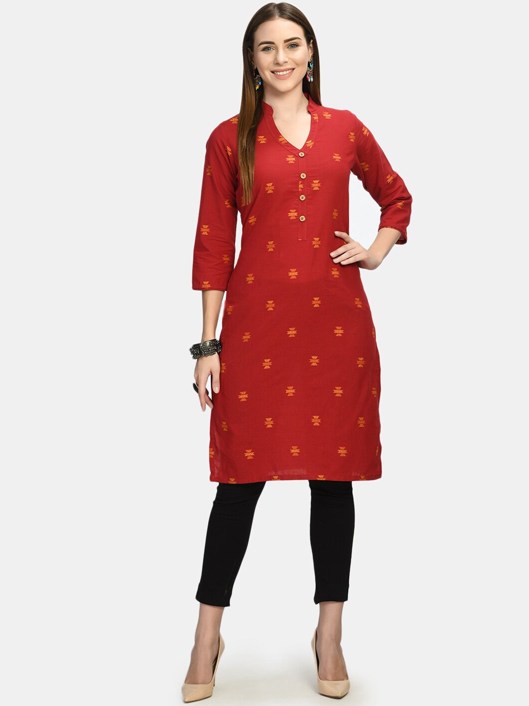 

Akshatani Women Red & Yellow Ethnic Motifs Printed Thread Work Kurta