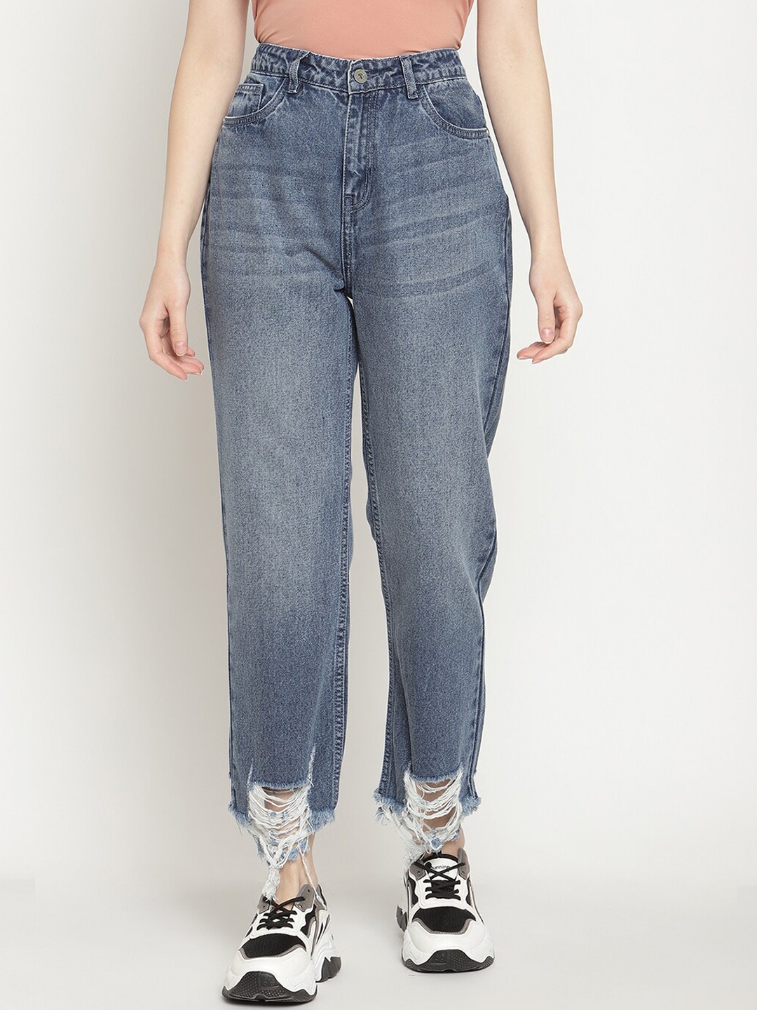 

CAMLA Women Blue High-Rise Highly Distressed Light Fade Cotton Frayed Denim Jeans
