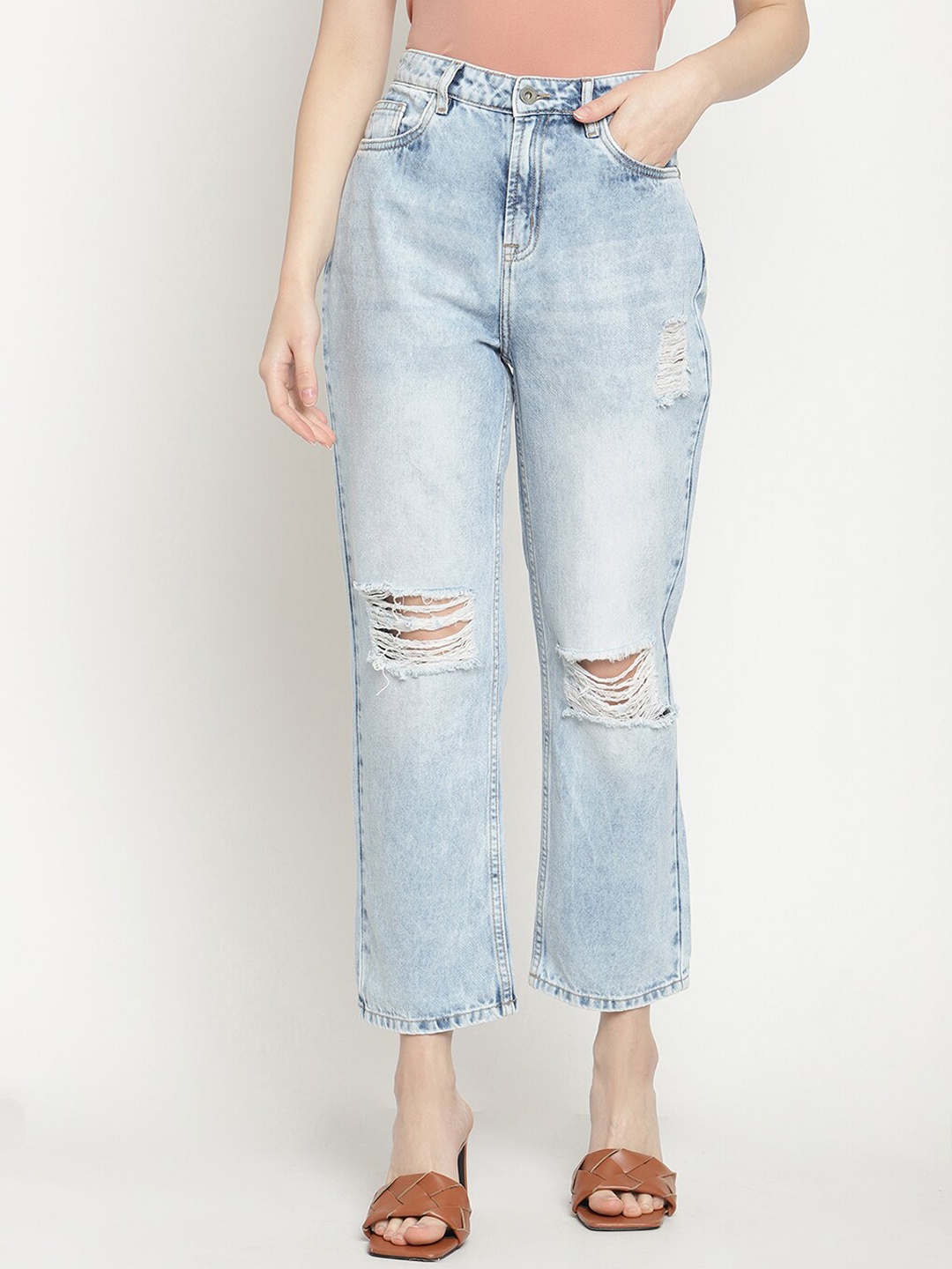 

CAMLA Women Blue Slash Knee Heavy Fade Cotton Jeans