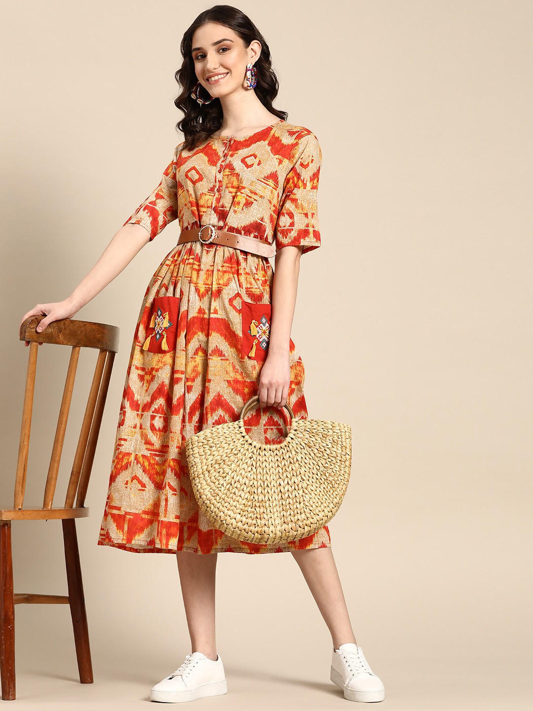

Sangria Cotton Abstract Print A-Line Ethnic Dress, Orange