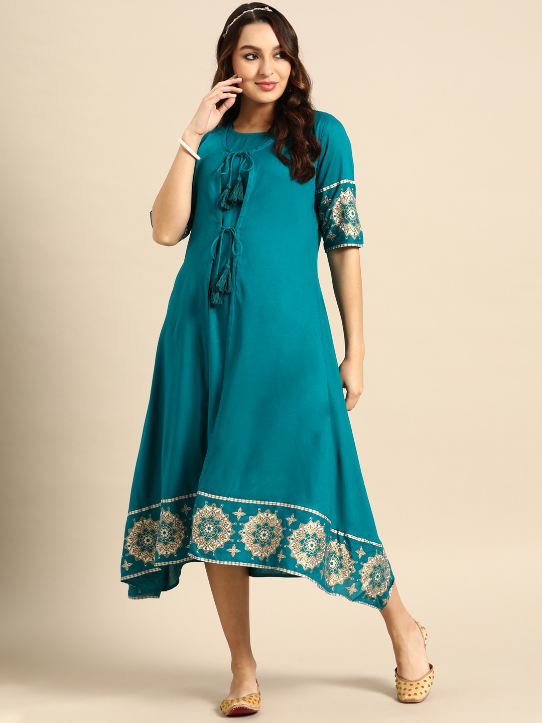 

Sangria Printed Tie-Up Neck Ethnic Maxi Dress, Teal