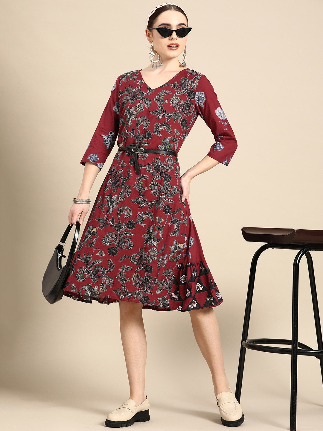 

Sangria Women Purple & Green Printed A-Line Ethnic Dress, Maroon