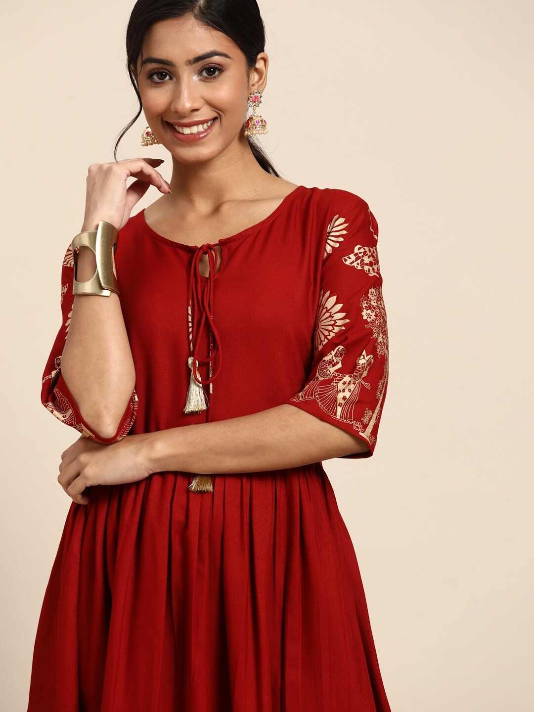 

Sangria Maroon & Golden Ethnic Motifs Ethnic A-Line Midi Dress