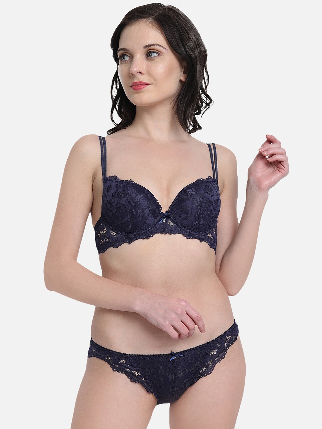 

Gopalvilla Women Navy Blue Self Design Push-Up Lace Lingerie Set