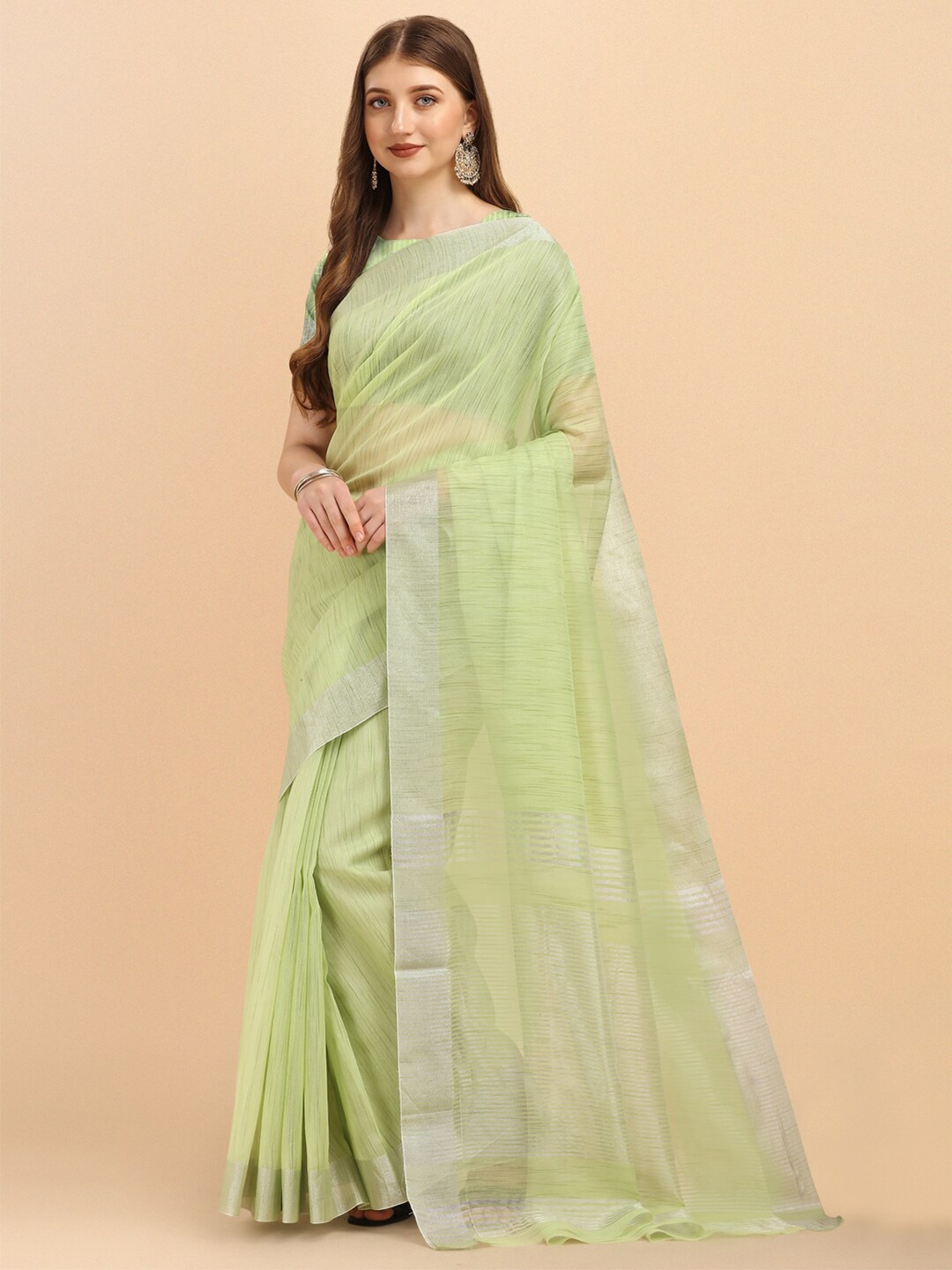 

ZIKARAA Olive Green & Silver-Toned Zari Linen Blend Saree