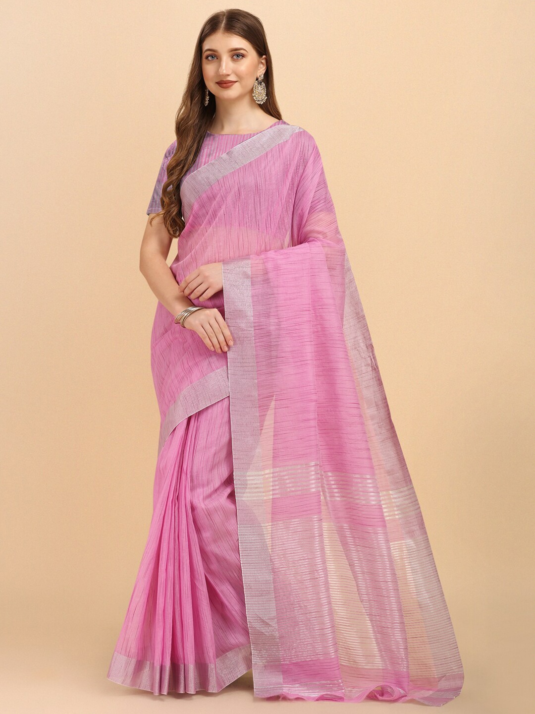 

ZIKARAA Purple & Silver-Toned Zari Linen Blend Saree